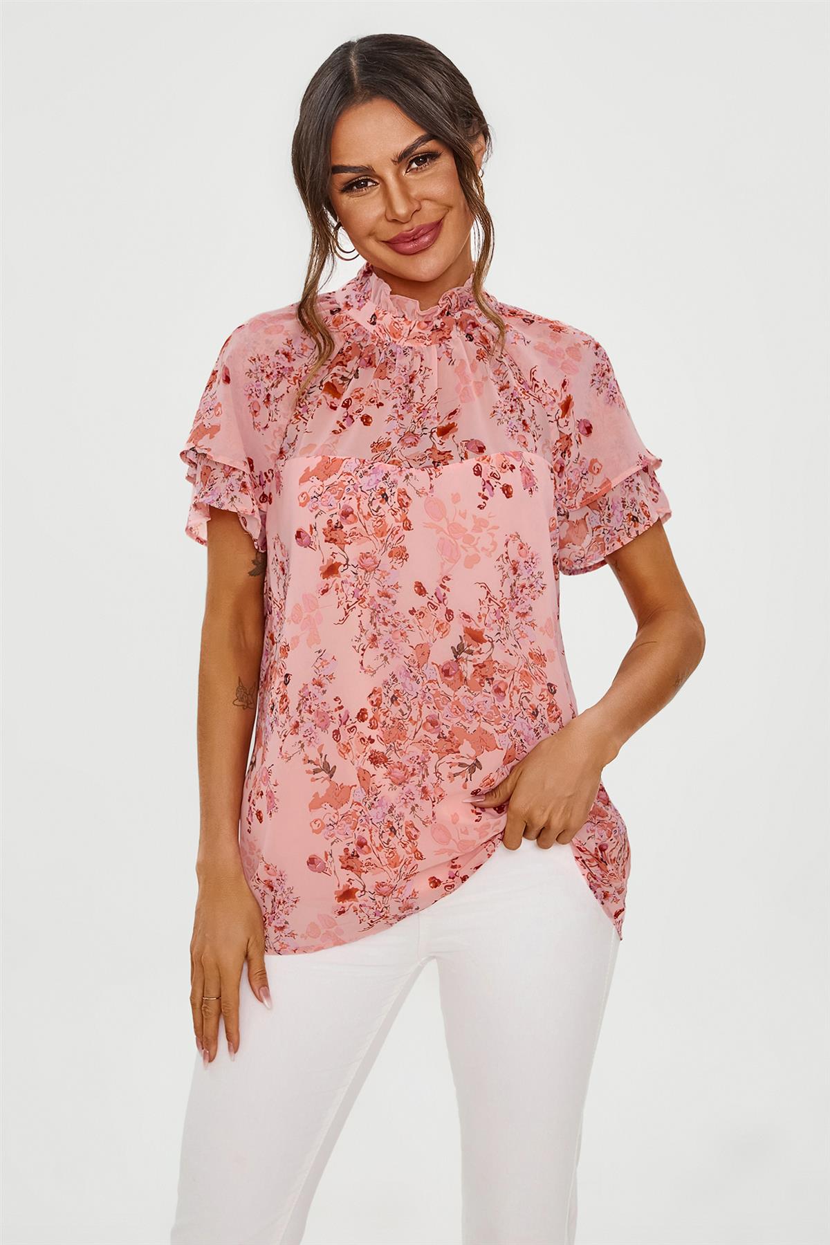 Floral Print Frill Hem Sleeve High Neck Blouse Top In Pink FS