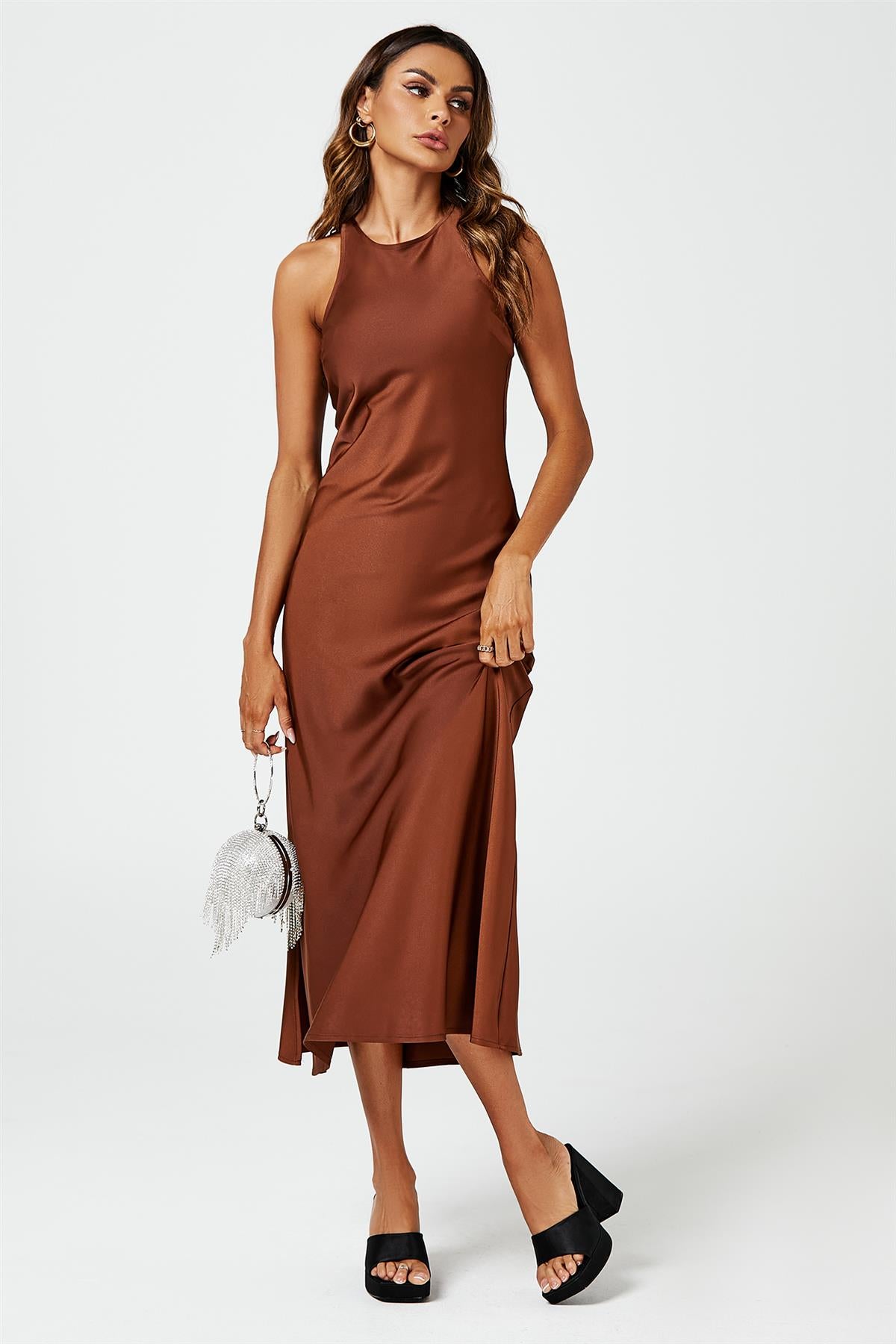 Slim-Fit Satin Midi Dress In Brown – FS Collection (London)