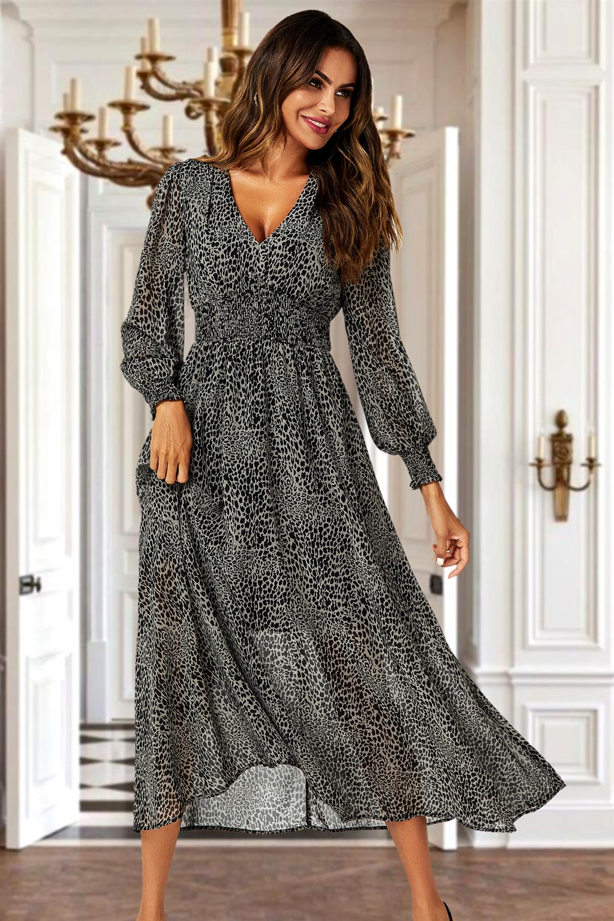 Leopard Print Long Sleeve Maxi Dress In Grey - Main Image