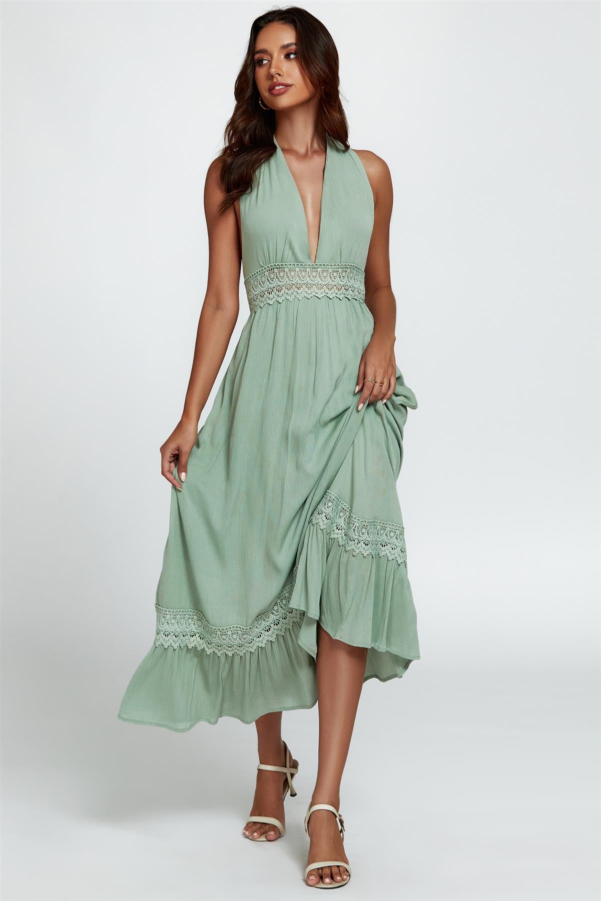 Lace Detail Adjustable Deep V Neckline Maxi Dress In Green – FS