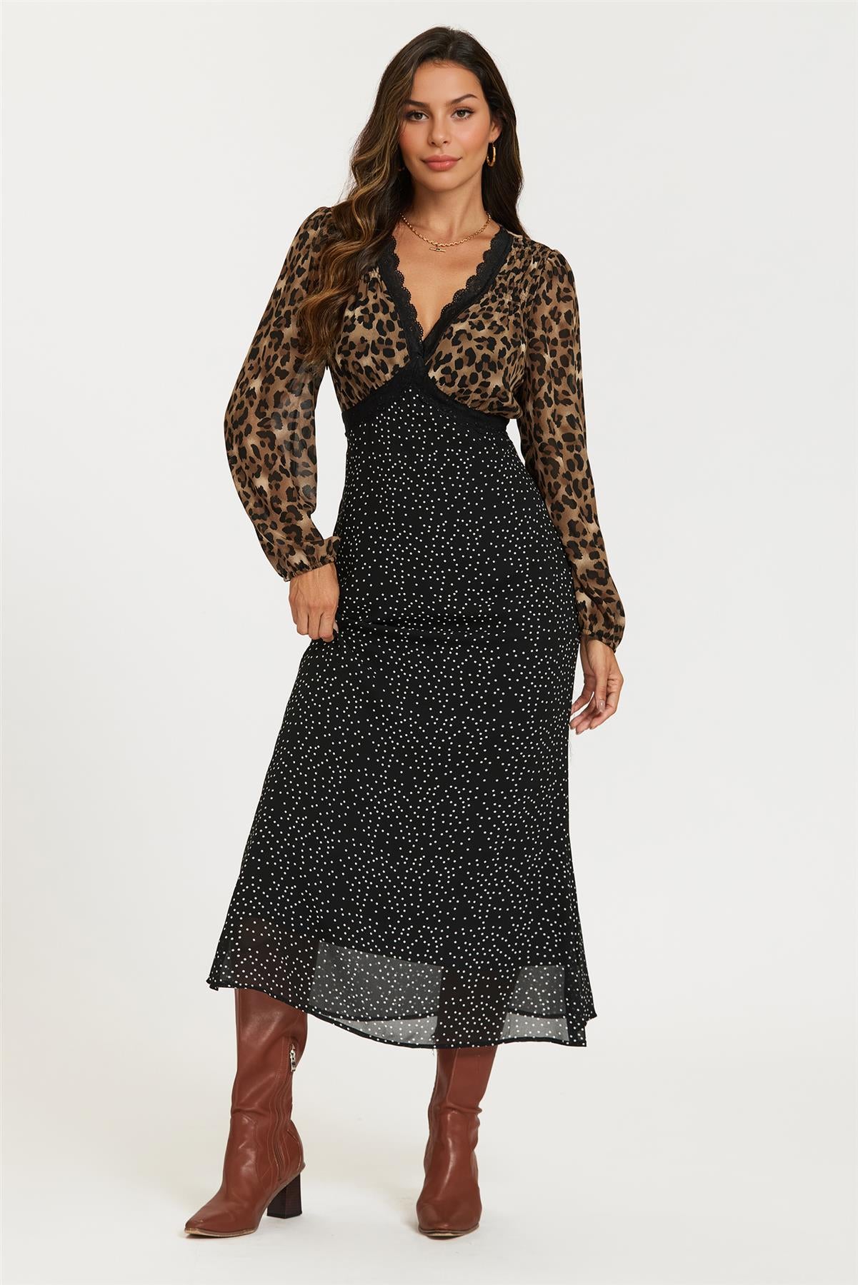 Black Dot & Brown Leopard Print Long Sleeve Maxi Dress – FS Collection