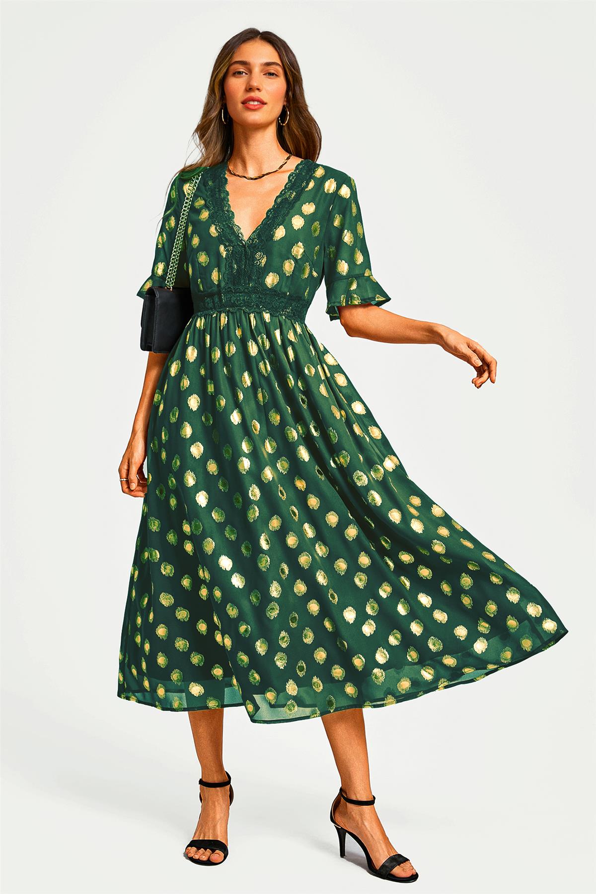 Gold Foil Long Sleeve Lace Trim V Neck Maxi Dress In Green – FS Collection  (London)