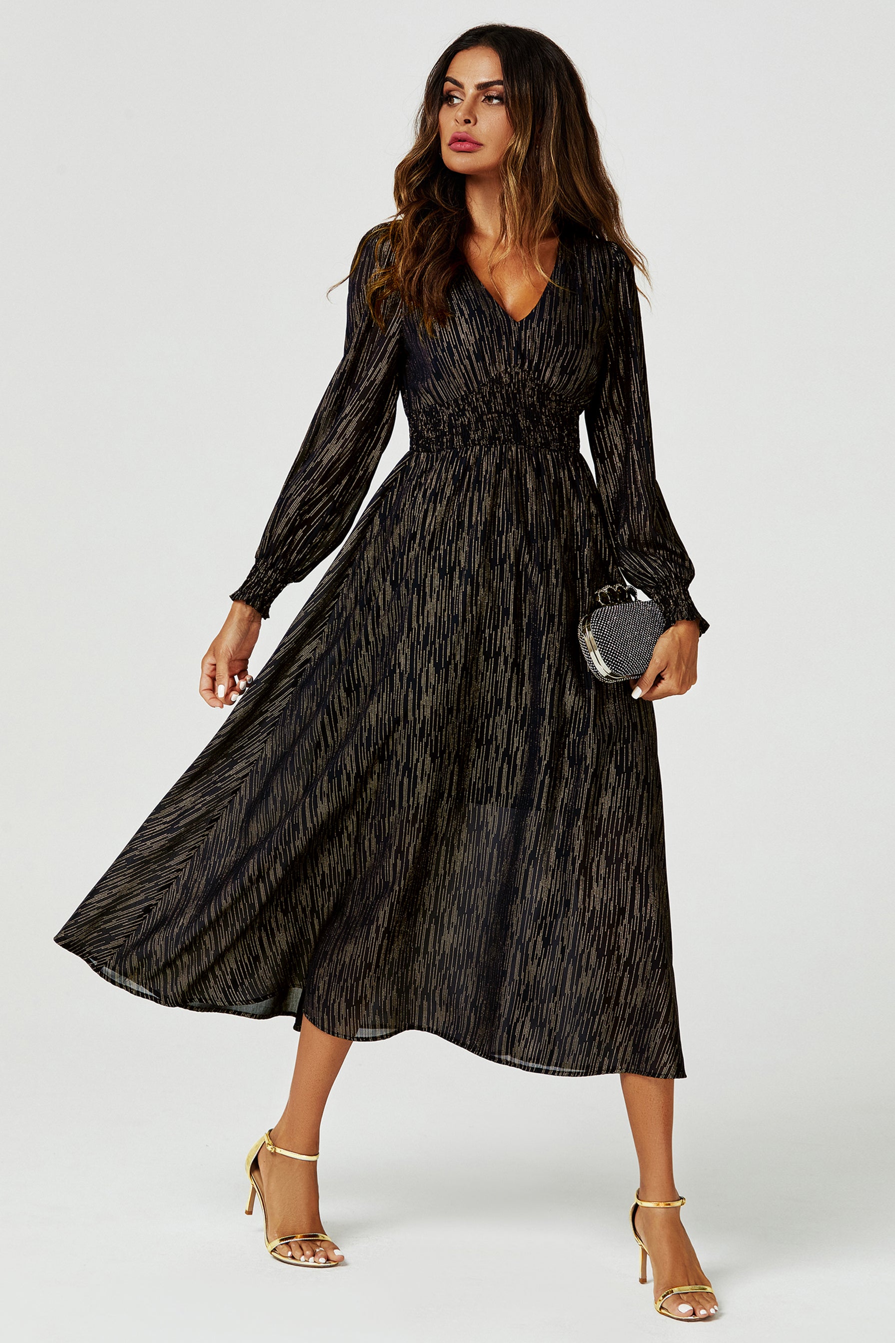 Gold Stripe Foil Long Sleeve Maxi Dress In Black โ FS Collection (London)