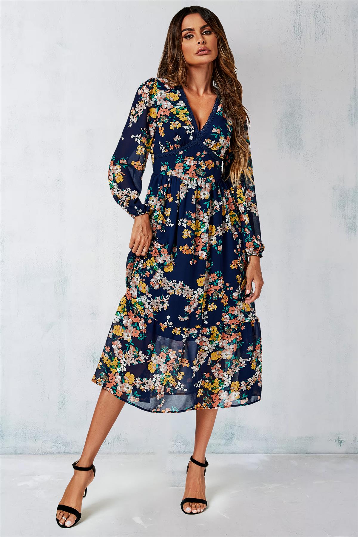 Long Sleeve Blue Floral Maxi Dresses Floral Maxi Dress: Elegant