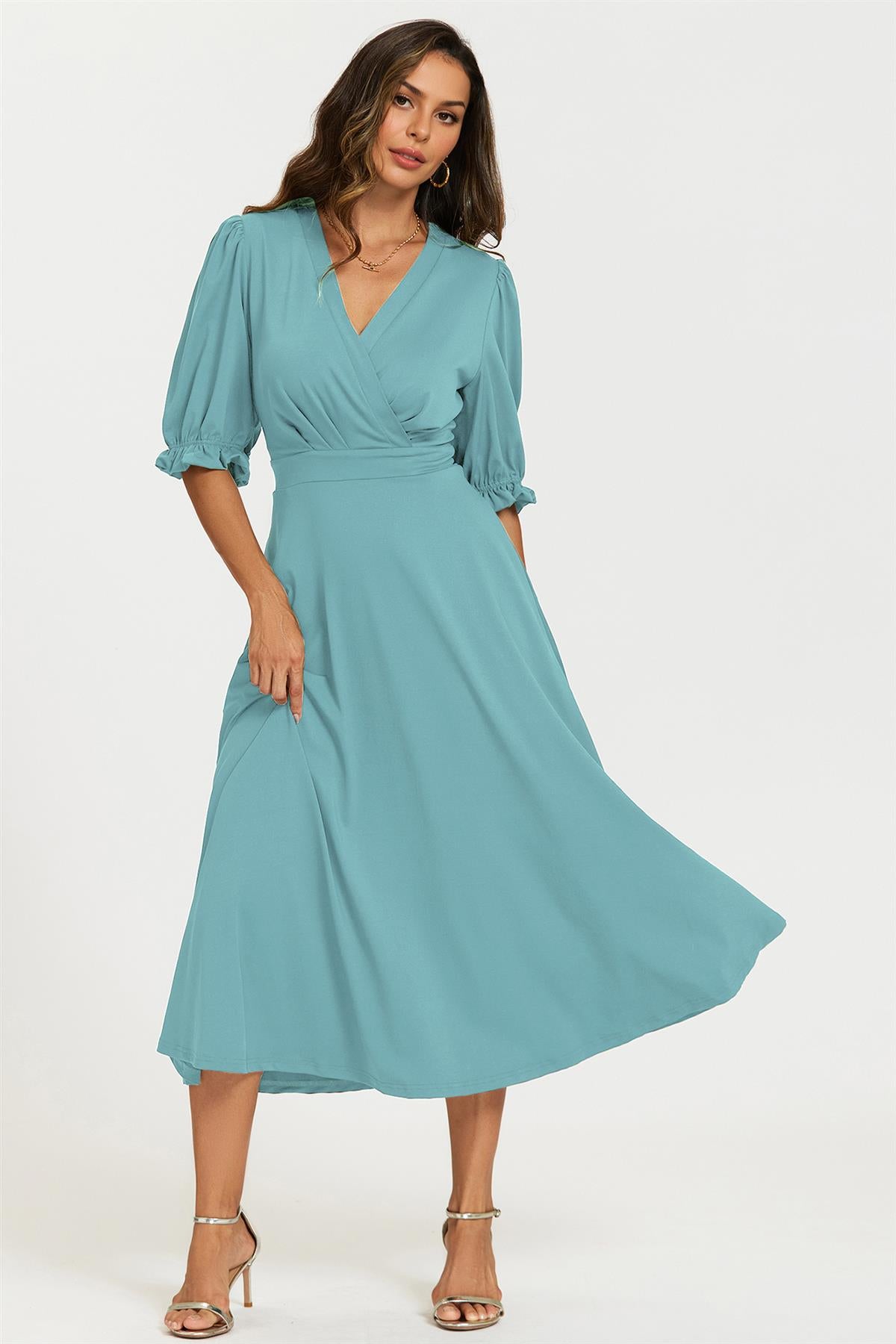 Half Sleeves Jersey Midi Dress with Wrap Neckline In Grey Blue FS Collection (London) Half Sleeves Jersey Midi Dress with Wrap Neckline In Grey Blue FS Collection (London)