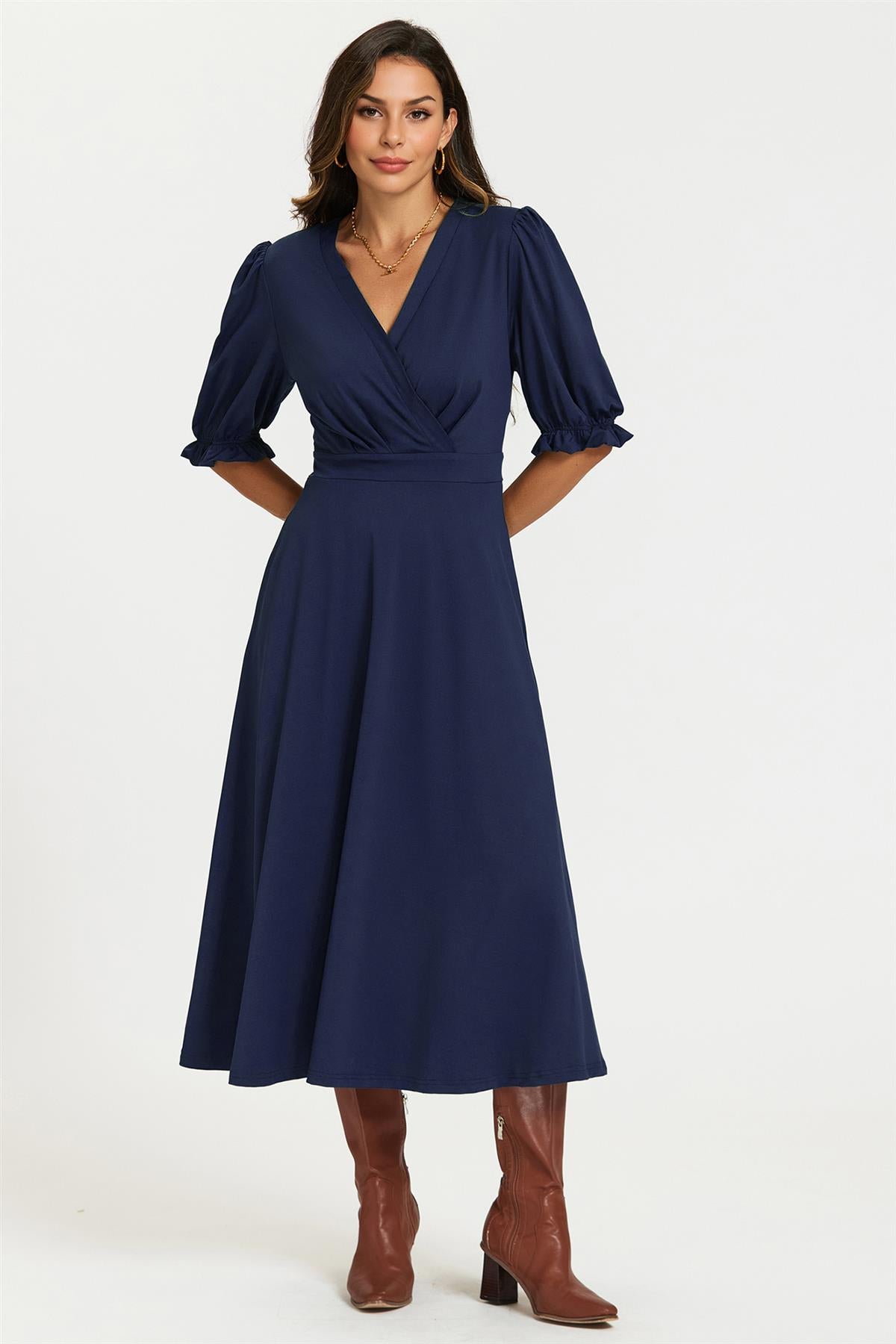 Half Sleeves Jersey Midi Dress with Wrap Neckline In Navy FS Collection ( London) Half Sleeves Jersey Midi Dress with Wrap Neckline In Navy FS Collection ( London)