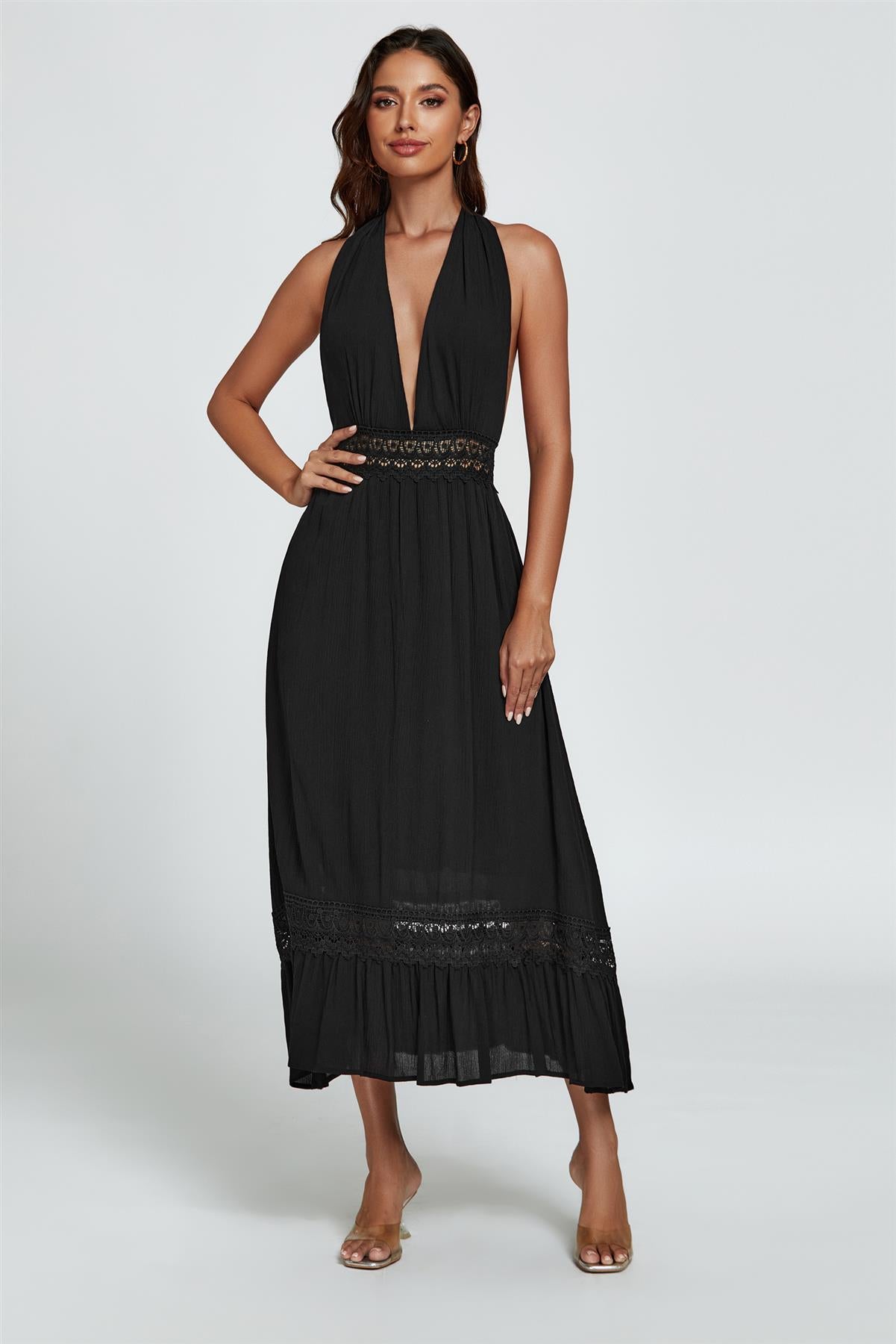 Lace Detail Adjustable Deep V Neckline Maxi Dress In Black – FS