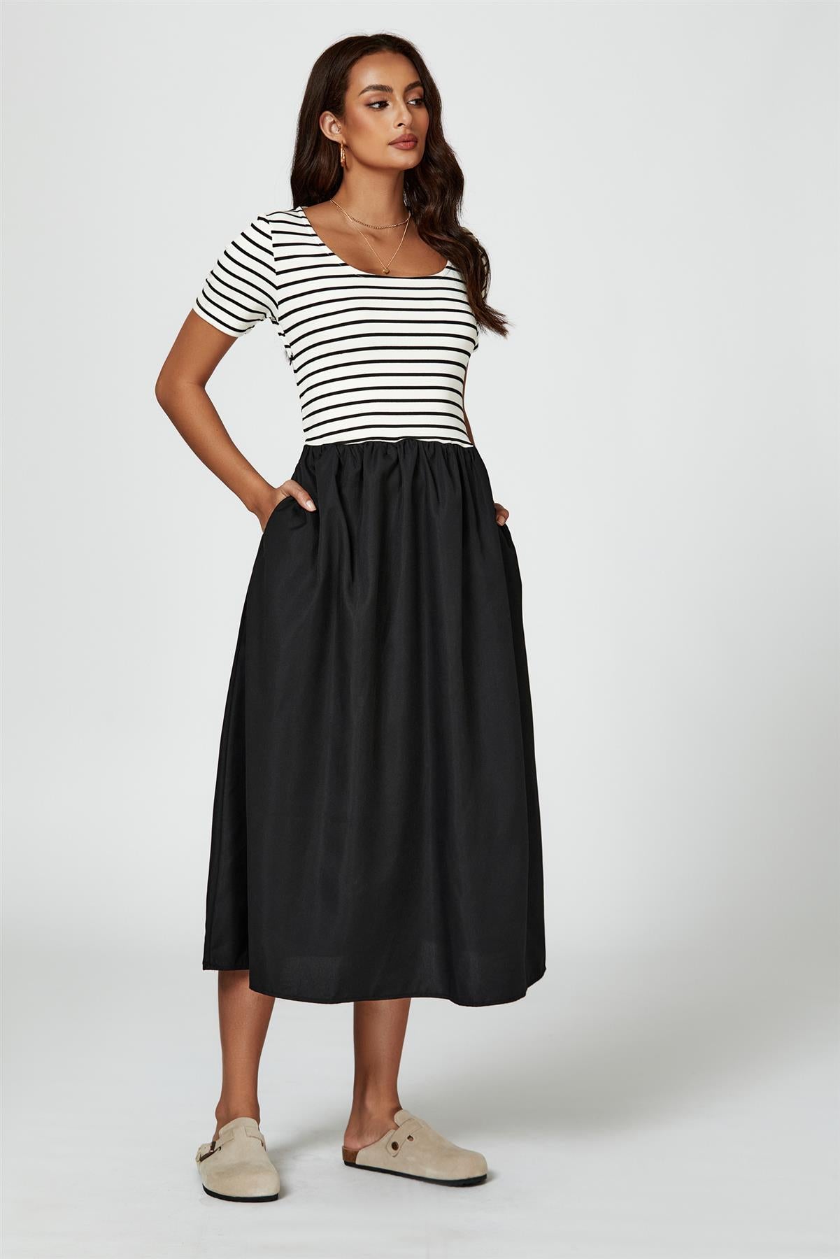 Short Sleeve Black Stripe Midi Dress In White – FS Collection (London)