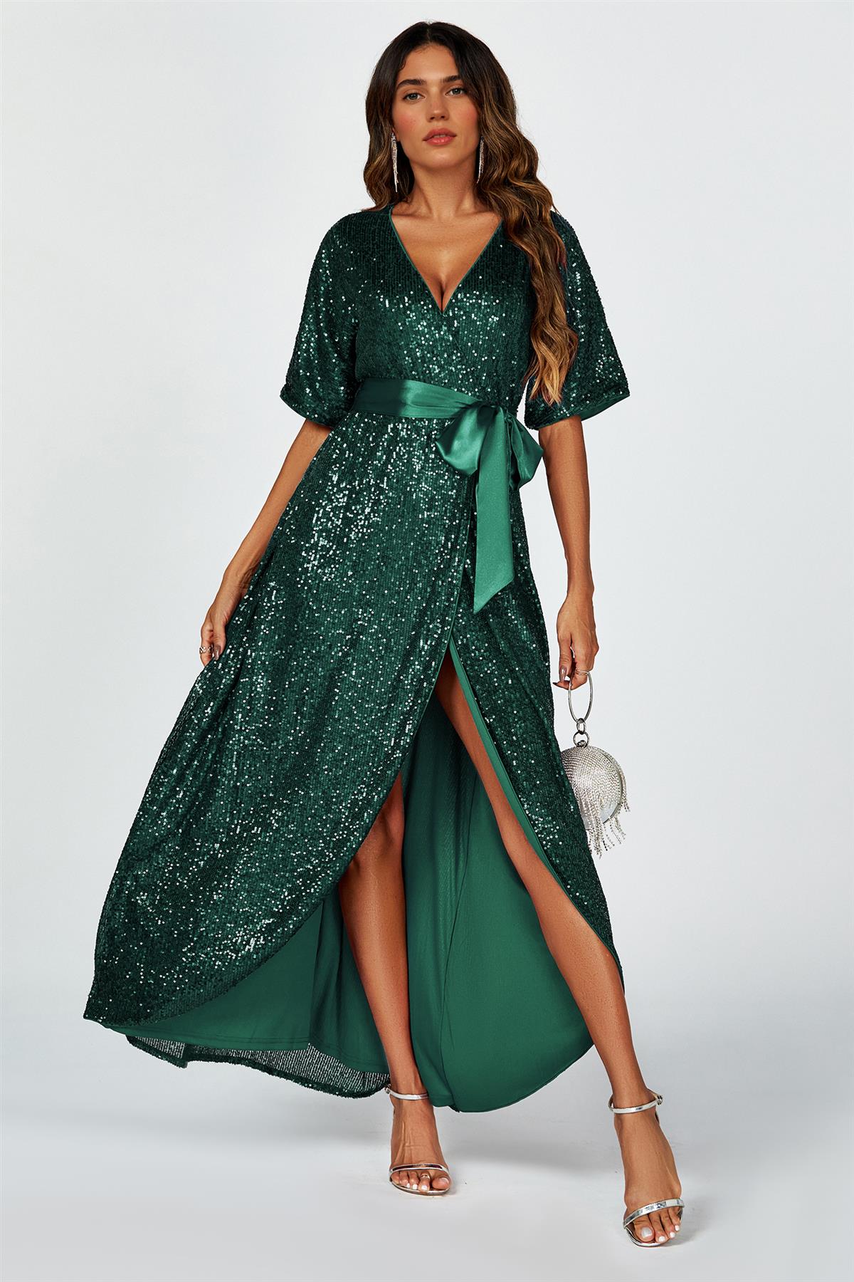 Wrap Style Sequin Maxi Dress In Green FS Collection (London) Wrap Style Sequin Maxi Dress In Green FS Collection (London)