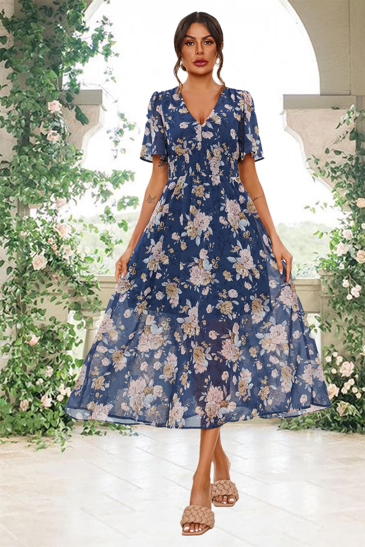 Floral Print Angel Sleeve Maxi Dress In Blue FS Collection (London) Floral Print Angel Sleeve Maxi Dress In Blue FS Collection (London)
