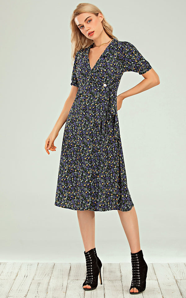 Button Wrap Midi Dress In Black With Blue Green Yellow Rose Print