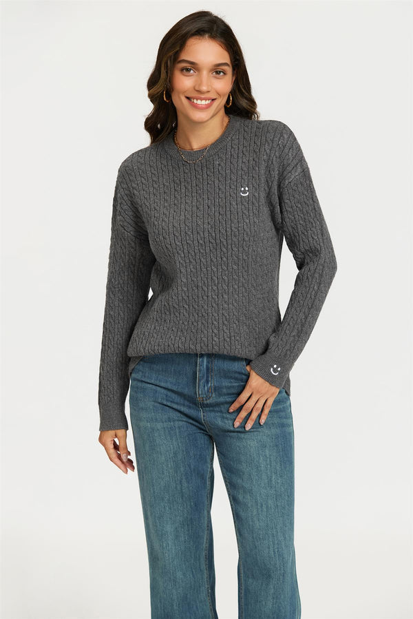 Smiley Face Embroidery Jumper Top In Dark Grey