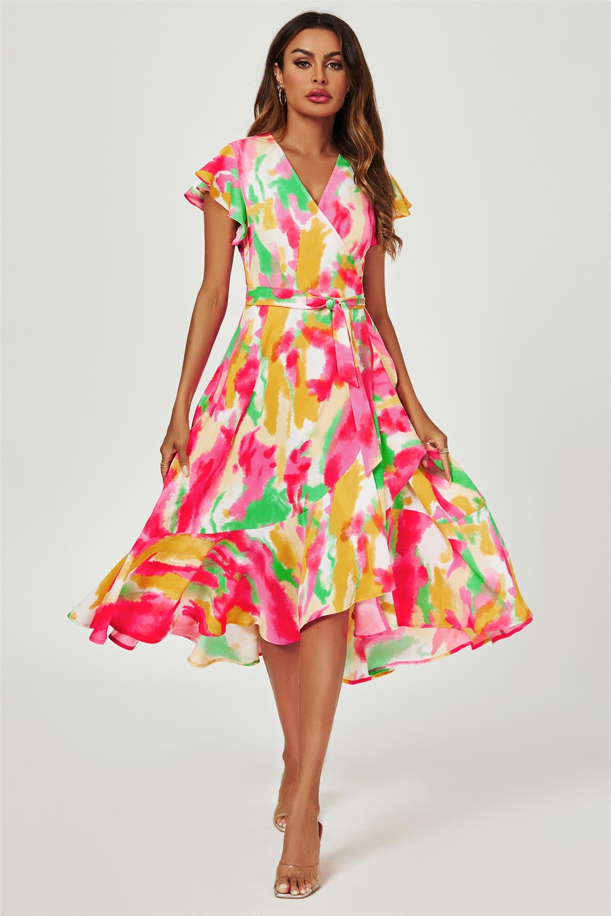 Abstract Floral Print Midi Wrap Dress In Pink – FS Collection (London)