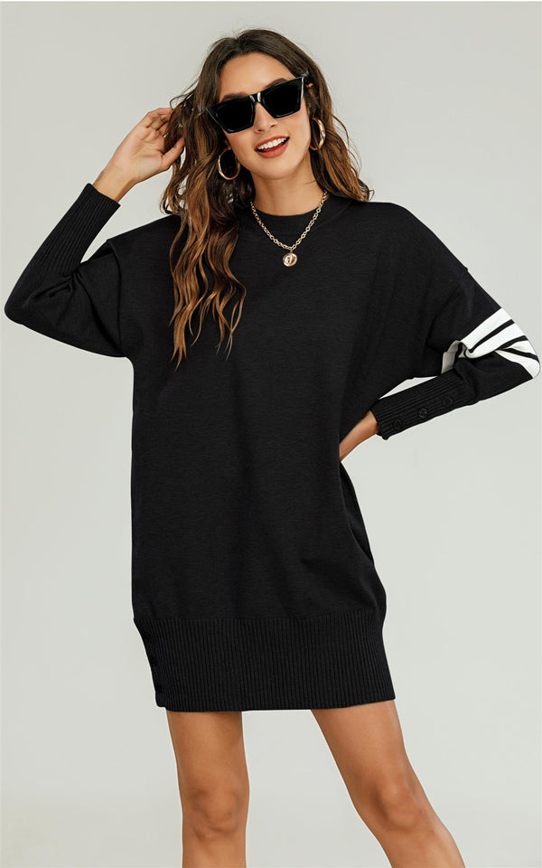 Wool Knitted Tunic Jumper Dress With White Stripe In Black