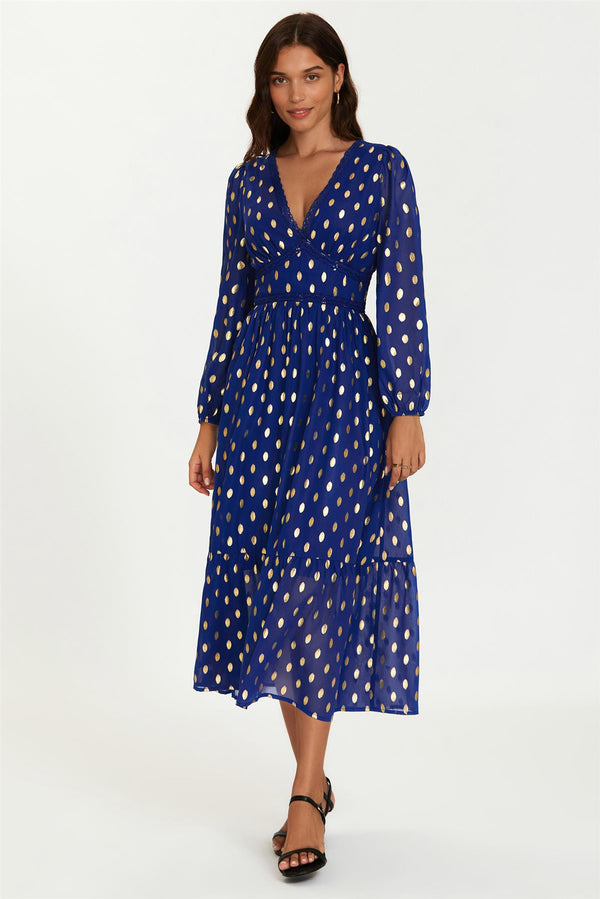 Lace Trim Foil Long Sleeve Maxi Dress In Royal Blue