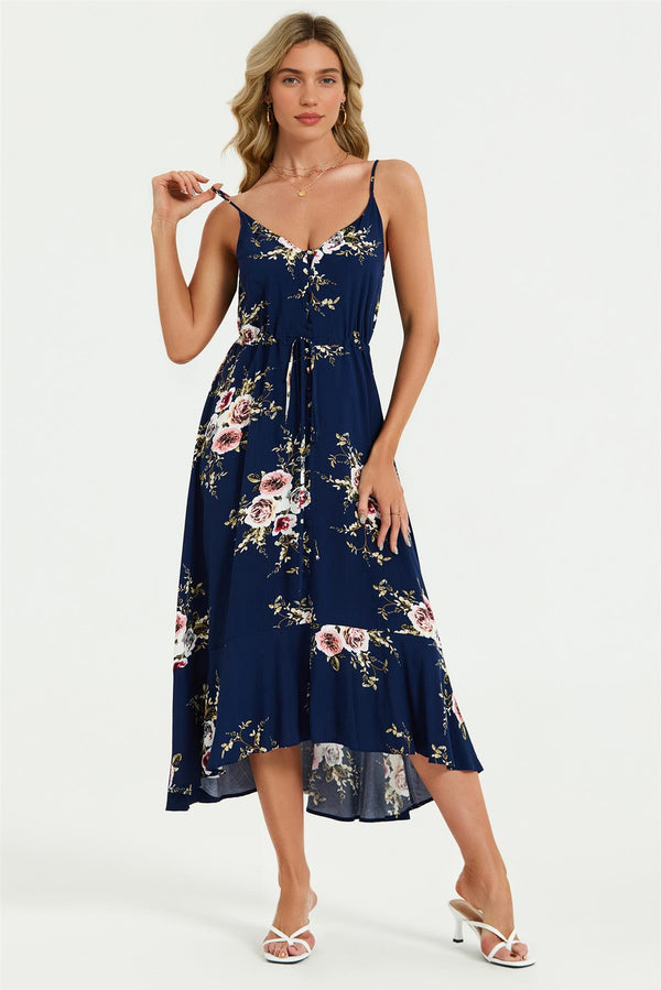 Floral Print Button Down High Low Strappy Dress In Navy