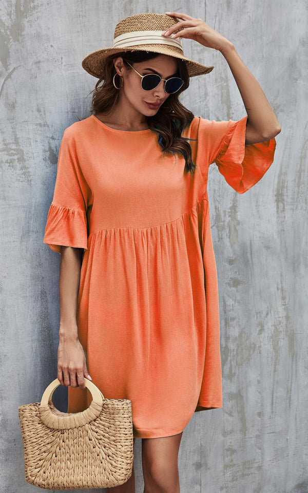 Ruffled Sleeve Oversized Smock Dress In Orange