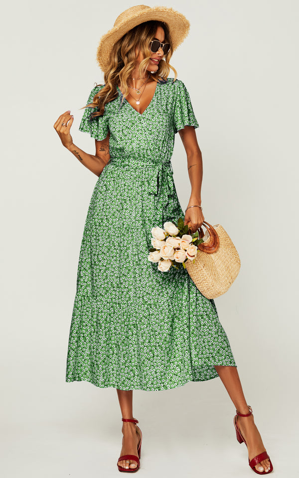 Floral Print Hem Tiered Wrap Midi Dress In Green
