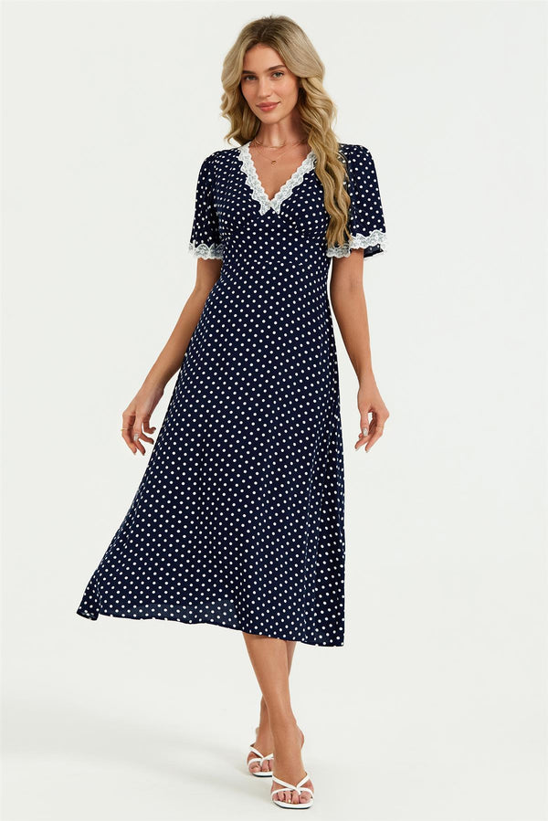 Lace Trim Dot Print Midi Dress In Navy