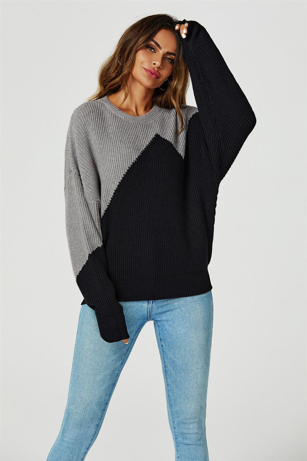 Block Colour Relaxed Knit Jumper Top In Grey & Black