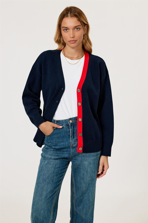 Little Heart Embroidery Stripe Trim Cardigan Top In Navy & Red