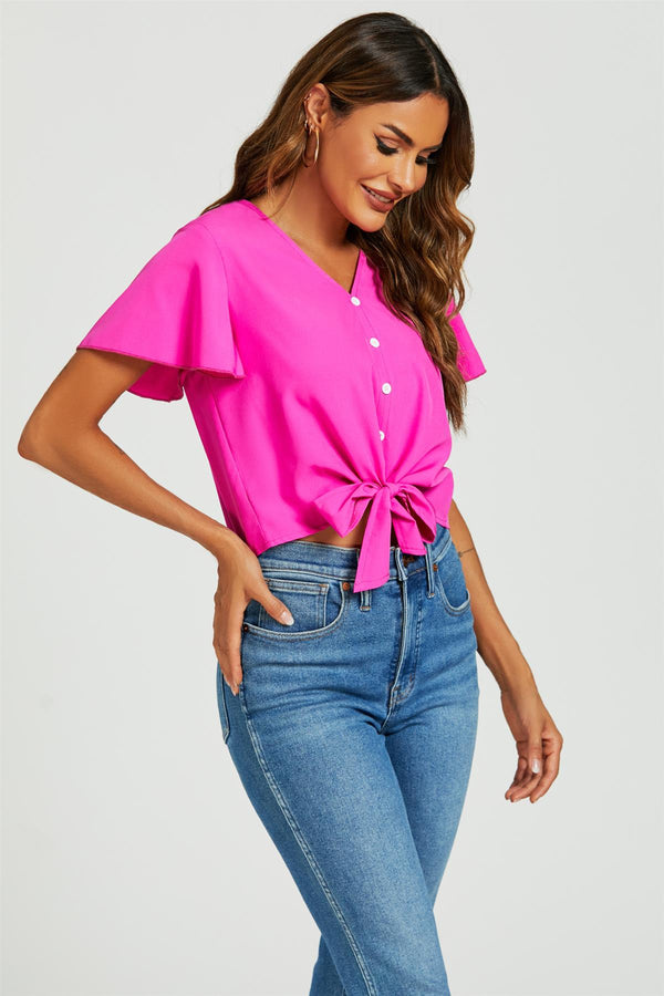 Cute Tie Knot Front Buttoned Crop T Shirt Top In Fuchsia Pink
