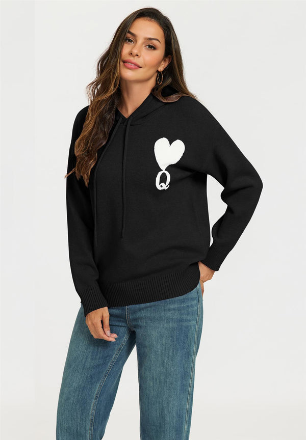 Heart & Q word knitted hoodie In Black