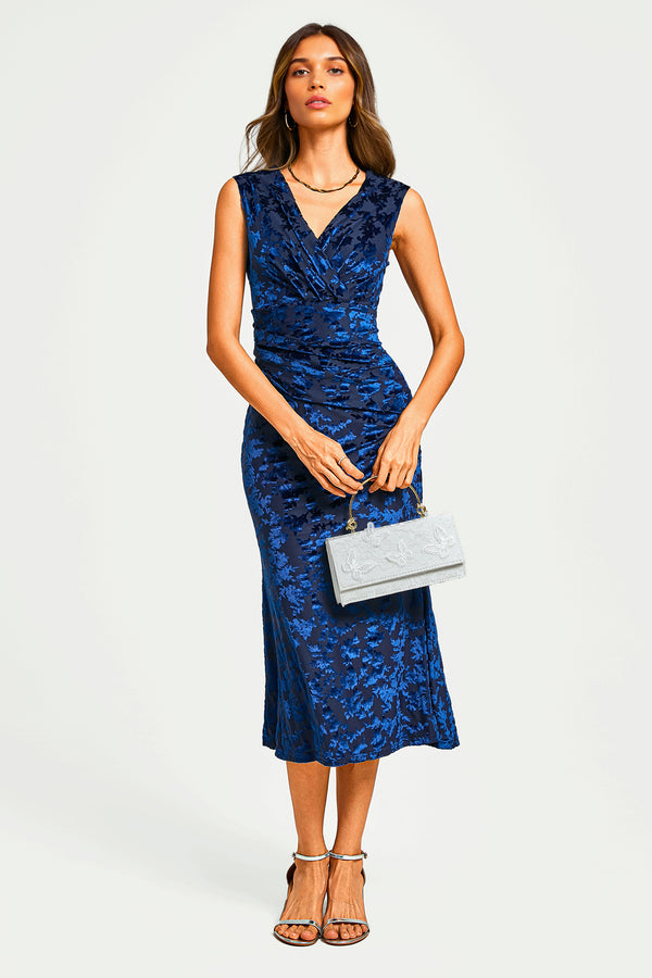 Floral Velvet Devore Bardot Pleated Midi Dress In Navy