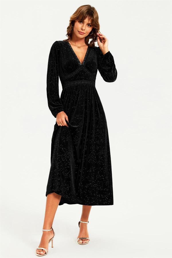 Silver Foil Velvet Lace Trim Neckline Midi Dress In Black