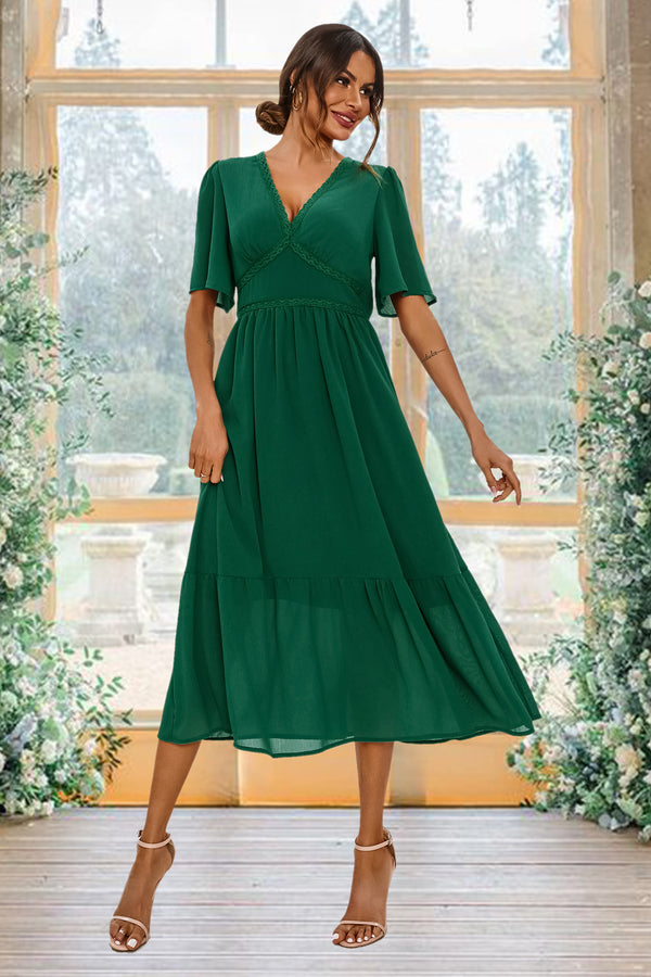 Lace Trim Deep V Neck Angel Sleeve Midi Dress In Green