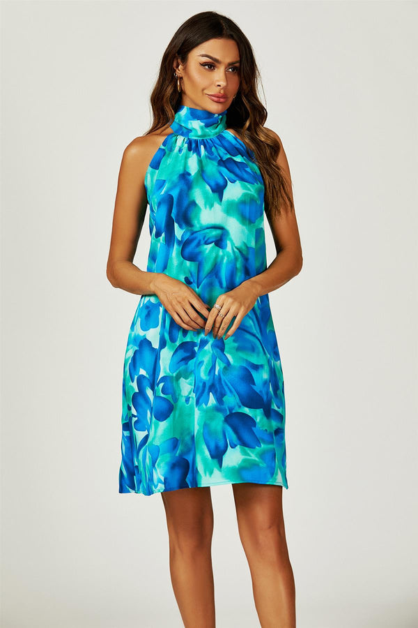 Neckholder-Minikleid mit Bindeband hinten und abstraktem Blumendruck in Blau