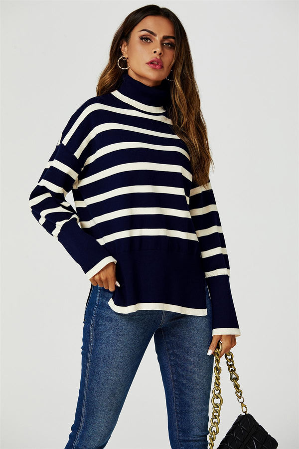 Stripes Pattern Turtleneck Jumper Top In Navy