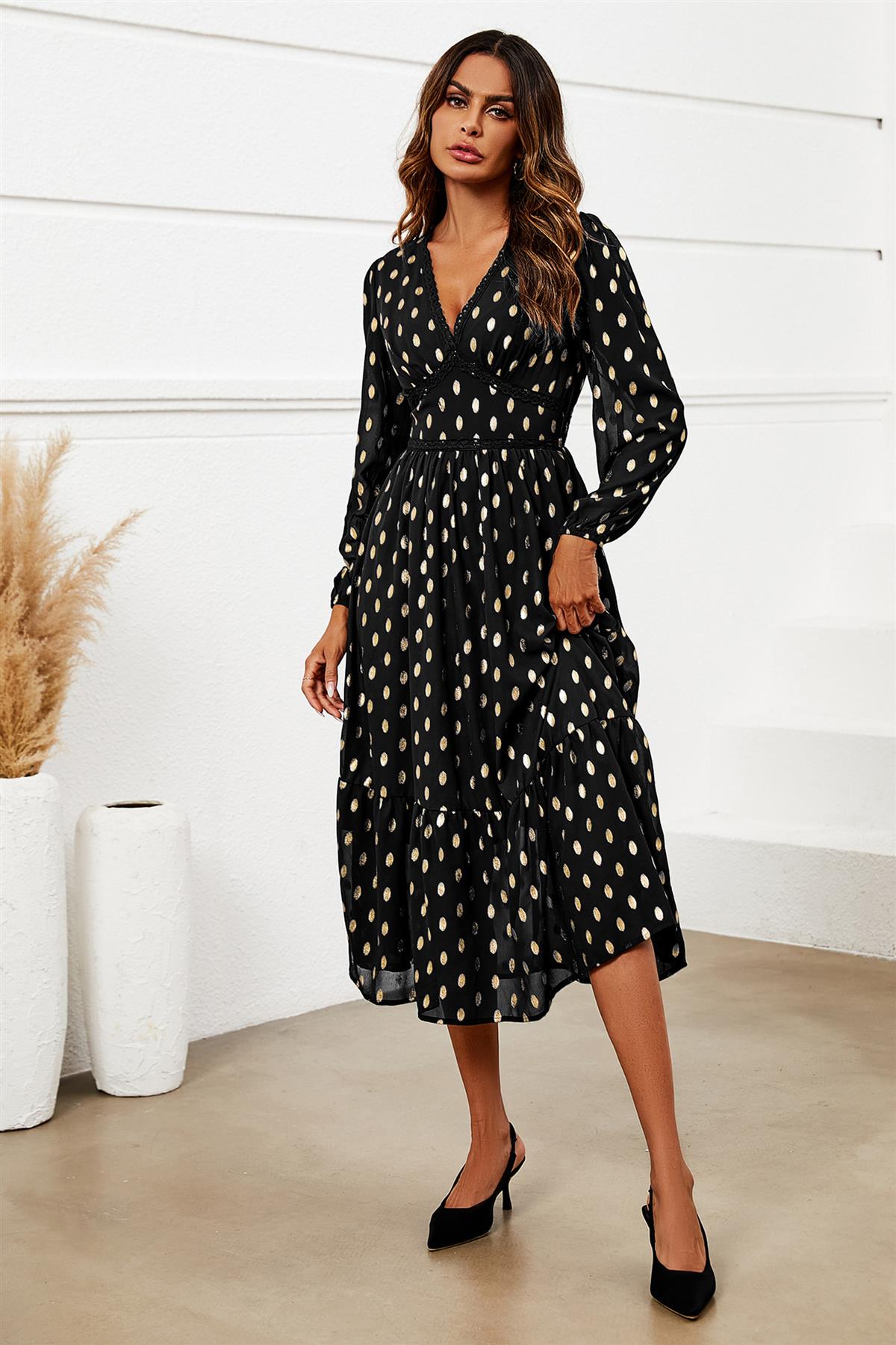 Lace Trim Foil Long Sleeve Maxi Dress In Black FS Collection (London) Lace Trim Foil Long Sleeve Maxi Dress In Black FS Collection (London)