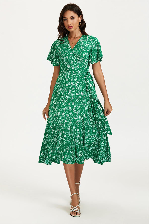 Floral Print Midi Wrap Dress In Green