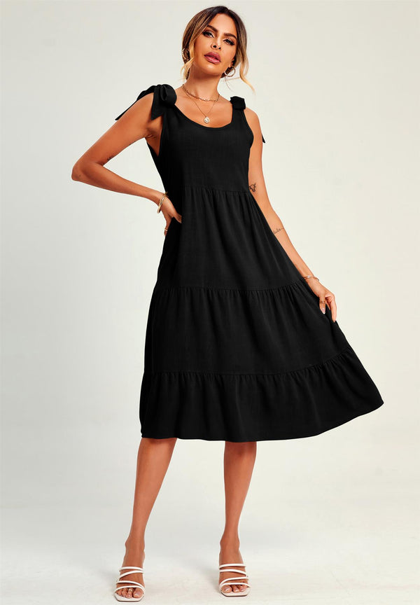 Relaxed Linen Self Tie Shoulder Tiered Midi Dress In Black