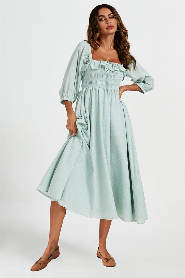 Midikleid Mit Rüschendetail Und Eckigem Ausschnitt In Hellgrün