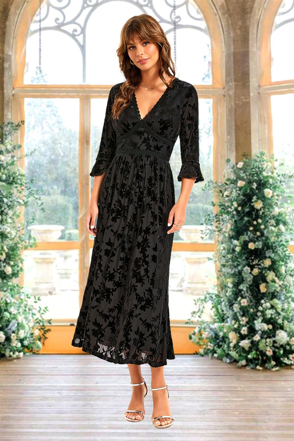 Floral Velvet Devore Lace Trim Neckline Midi Dress In Black