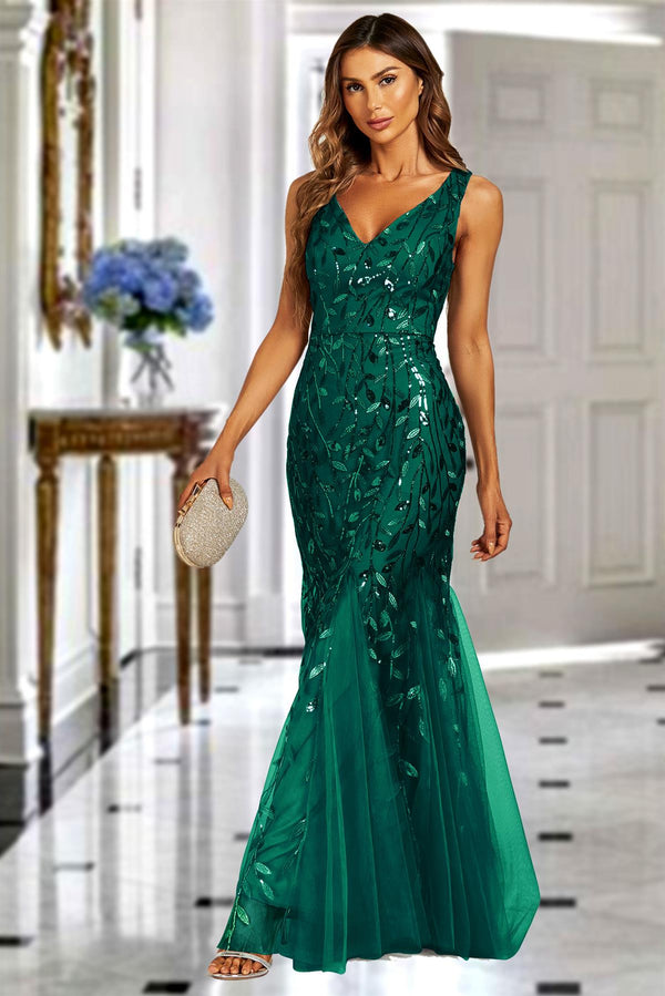 Sequin Leaf Detailed V Neck Bridesmaid Maxi Dress In Green
