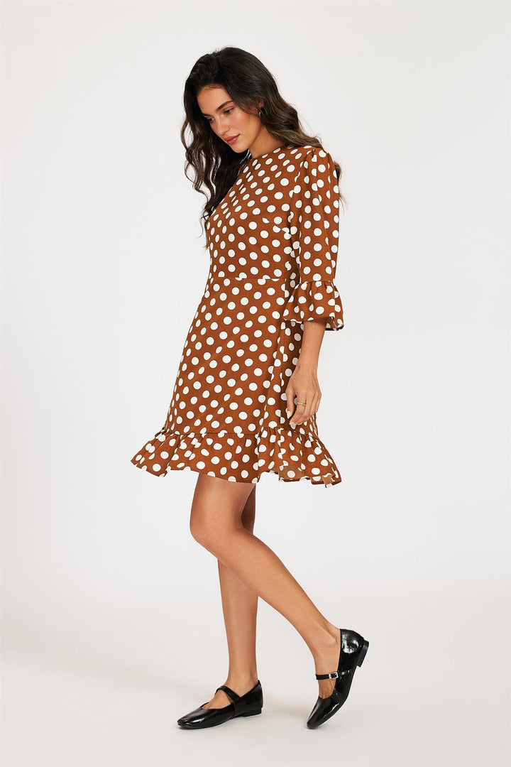 Polka Dot Print Frill Detail Mini Dress In Brown – FS Collection (London)