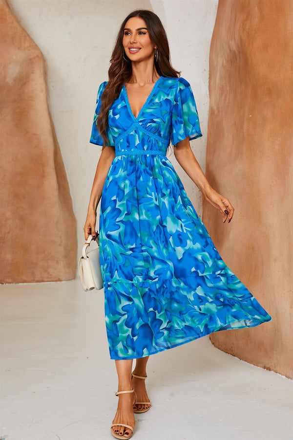 Abstract Floral Print Lace Detail Angel Sleeve Maxi Dress In Blue