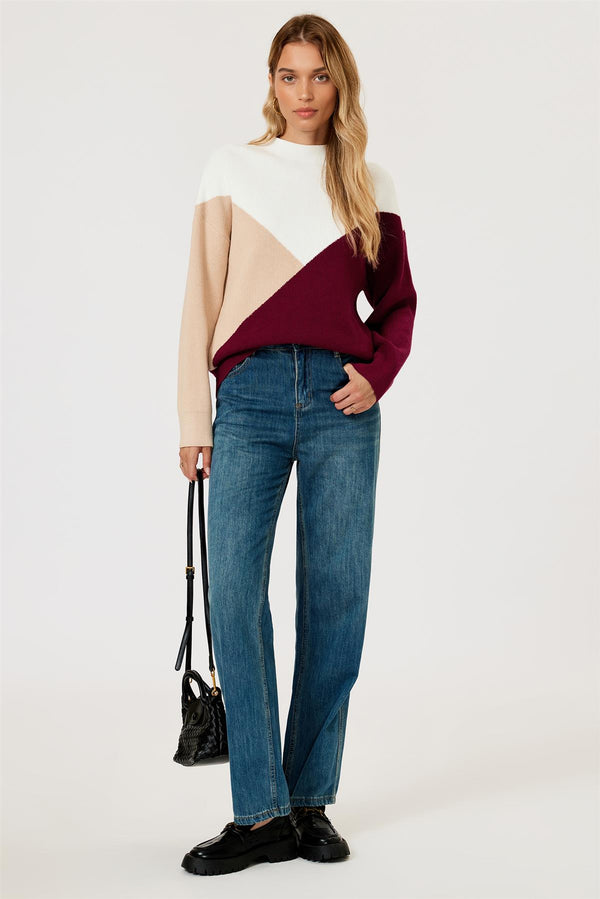 Colour Block Jumper Top In Camel & Wine & White