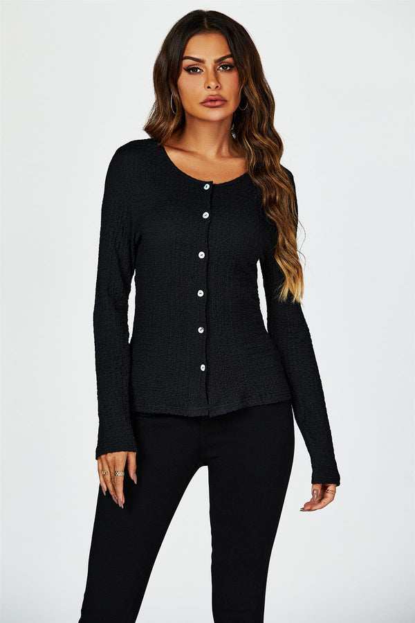 Button Down Ruched Stretch Long Sleeves Top In Black