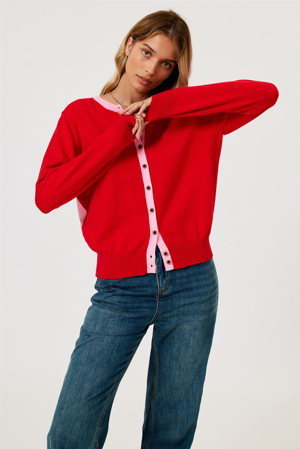 Little Heart Embroidery Stripe Trim Cardigan Top In Red