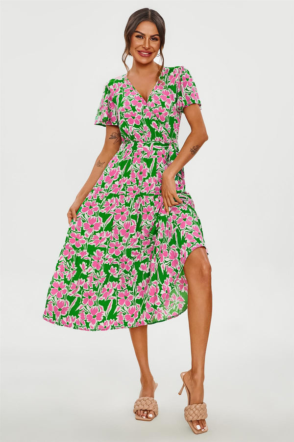 Pink Floral Print Hem Tiered Wrap Midi Dress In Green