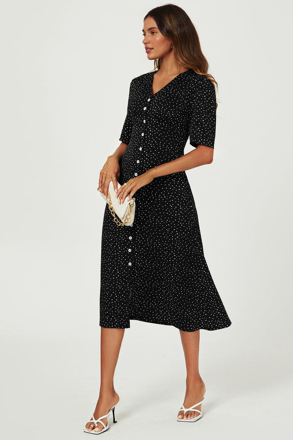 Dot Print Button Front Midi Dress In Black