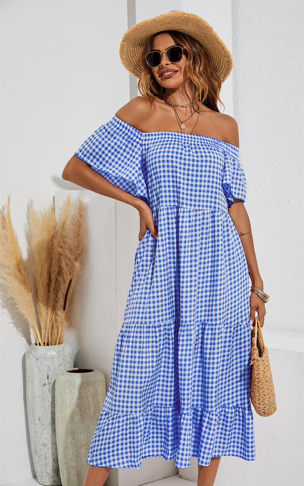Relaxed Off Shoulder Bardot Frill Midi Dress In Blue