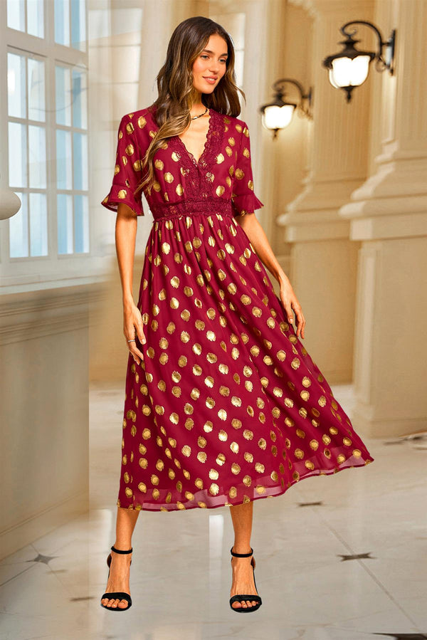 Gold Foil Long Sleeve Lace Trim V Neck Maxi Dress In Wine