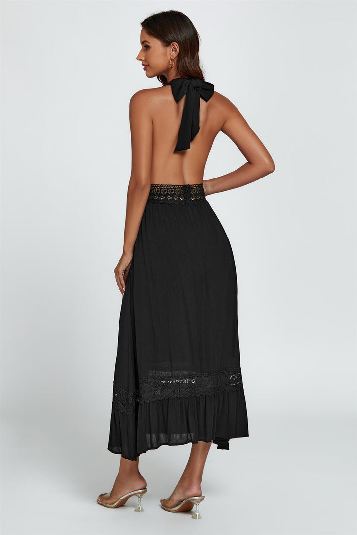 Lace Detail Adjustable Deep V Neckline Maxi Dress In Black – FS