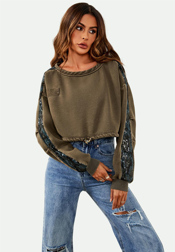 Oversized Sequin Detail Cropped Sweatshirt In Khaki