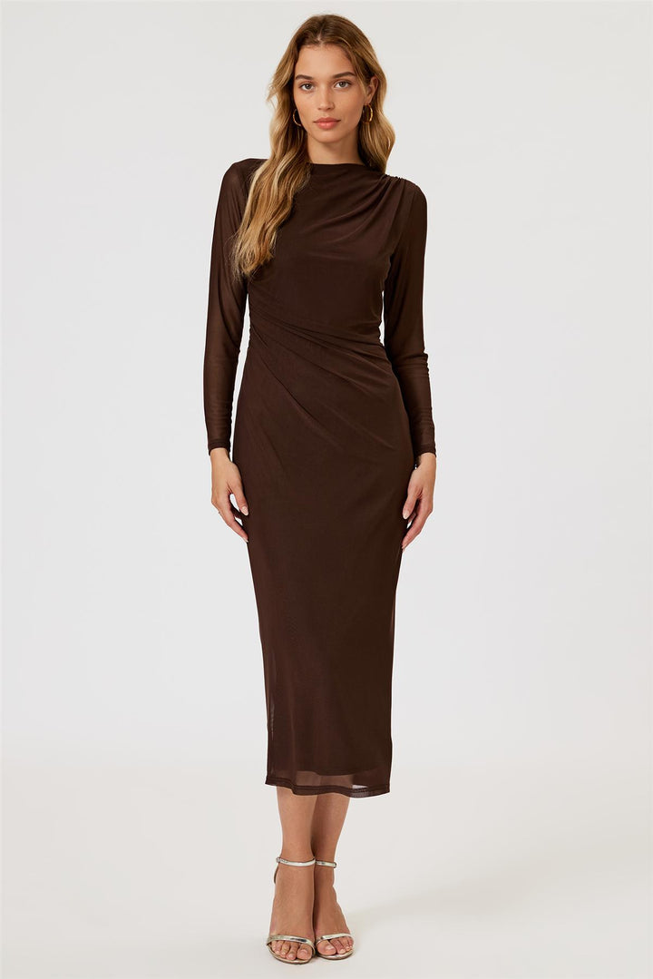 Long Sleeves Mesh Midi Dress In Brown – FS Collection (London)